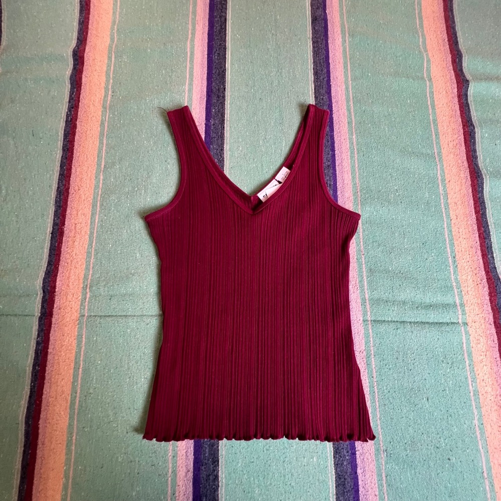 Tank Top Womens Large Burgundy Ribbed V-Neck Lettuce Hem Y2K Basic